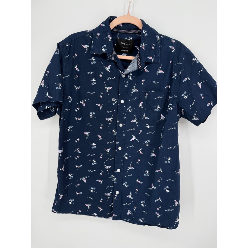rue21 Button Down Shirt Mens Medium Navy Sailboat Palm Tree Short Sleeve Cotton